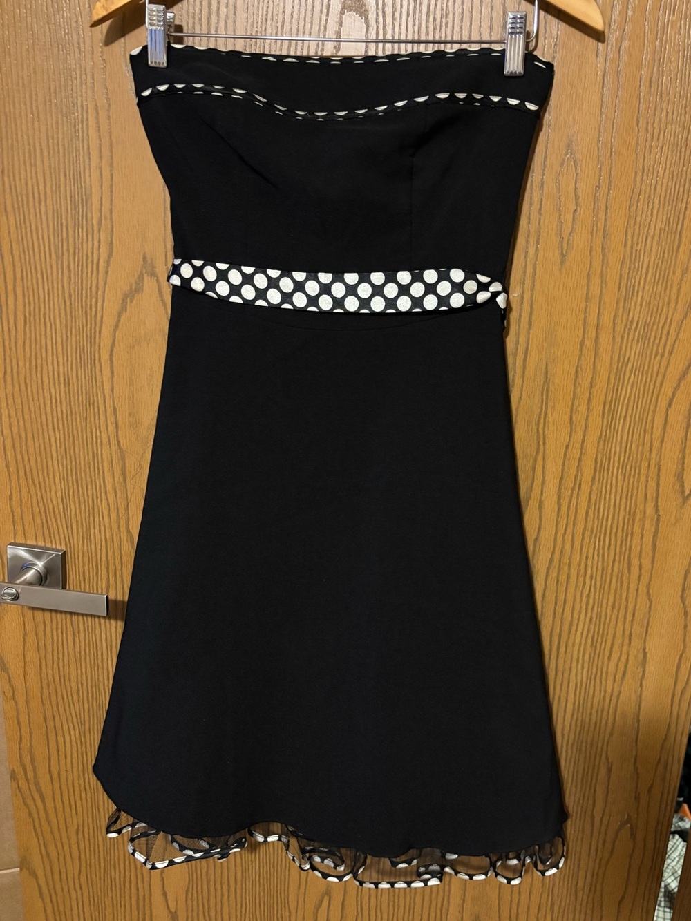 Speechless Black Strapless Dress with Tulle & Polka Dot Accents